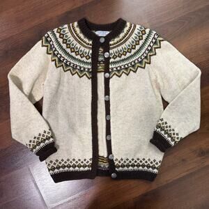 Vintage Norway Hand Knit Fair Isle Wool Cardigan Cottagecore Nordic Grandma Sz S